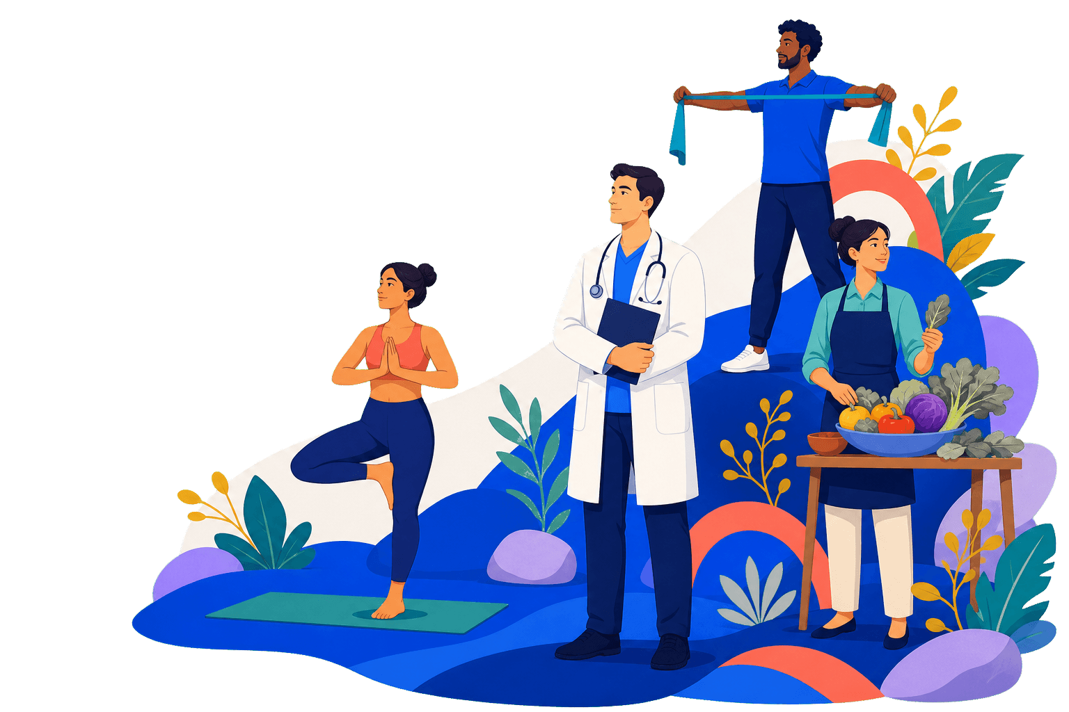 Professionisti della salute e del benessere: medico, insegnante di yoga, nutrizionista e fisioterapista